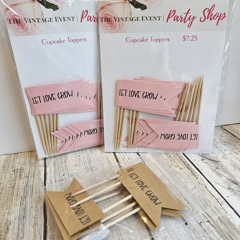 36 LET LOVE GROW Pink and Brown Cupcake Toppers